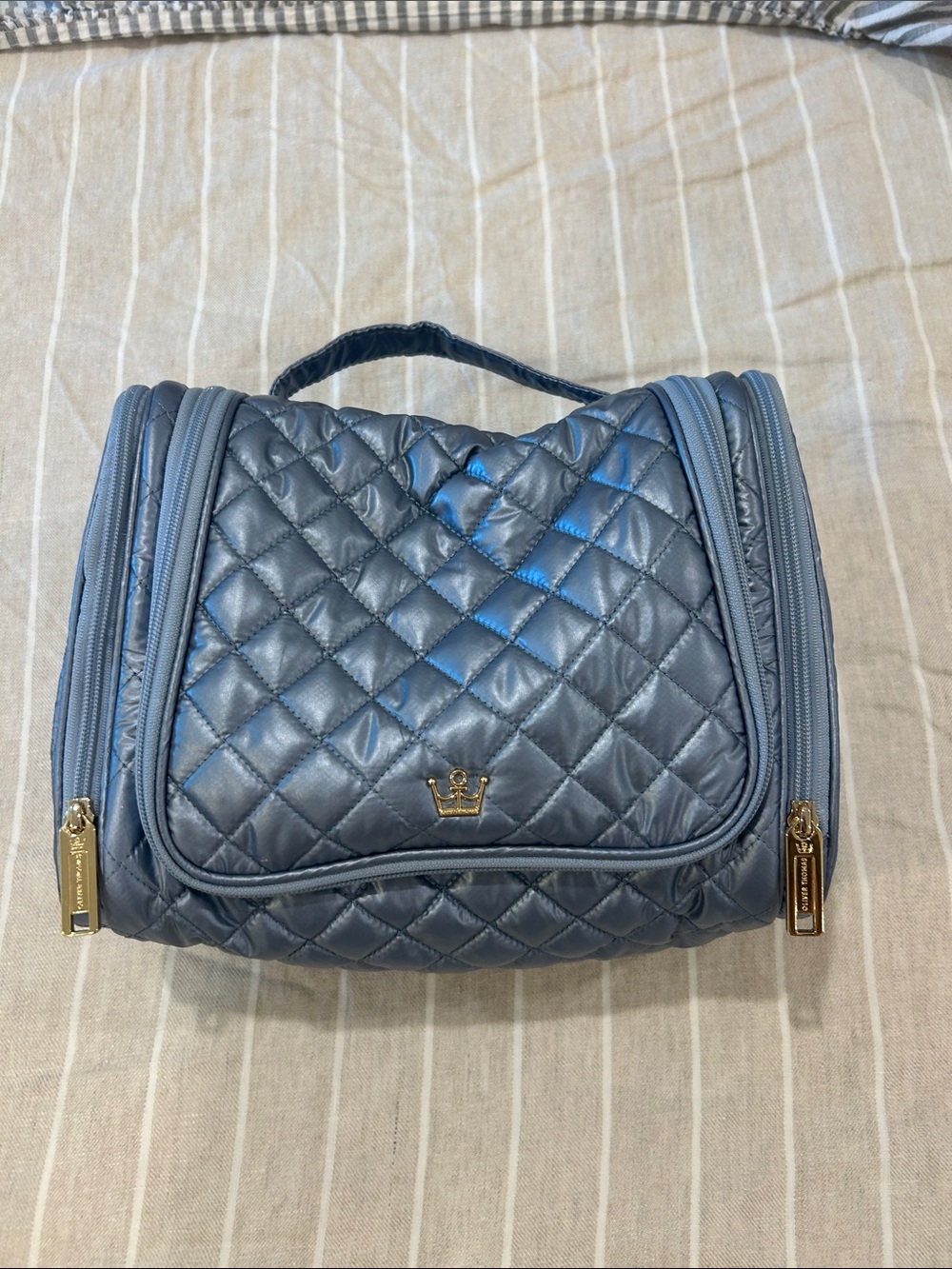 Oliver Thomas Quilted Metallic Steel Blue Cosmetic Travel Case with Gold Accents